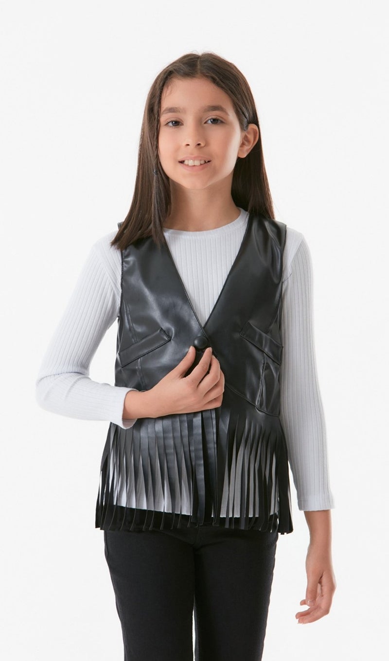 Faux Leather Tasseled Girl's Vest