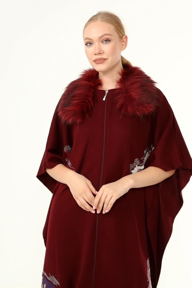 Women's Collar Fur Detailed Sequined Poncho Claret Red