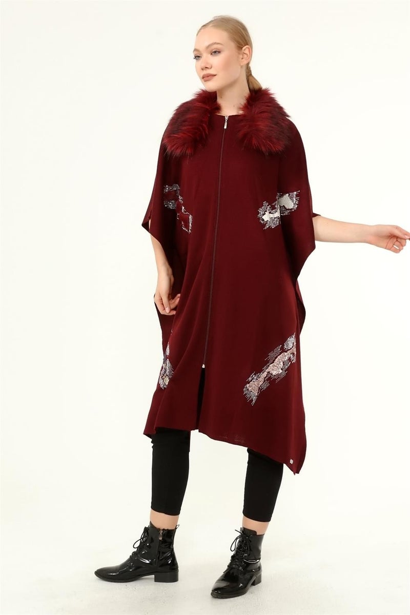 Women's Collar Fur Detailed Sequined Poncho Claret Red