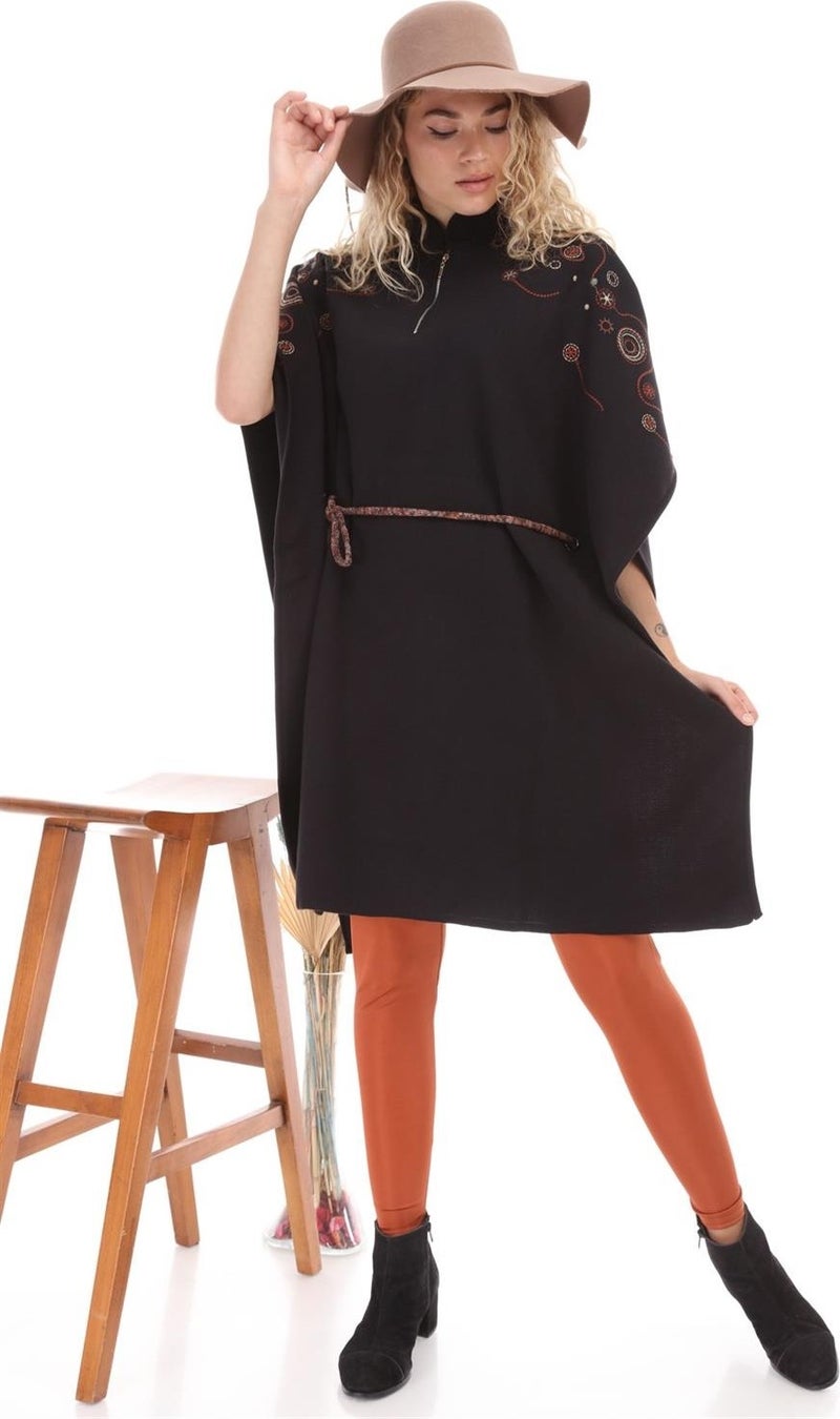 Women's Waist Belted Poncho Black