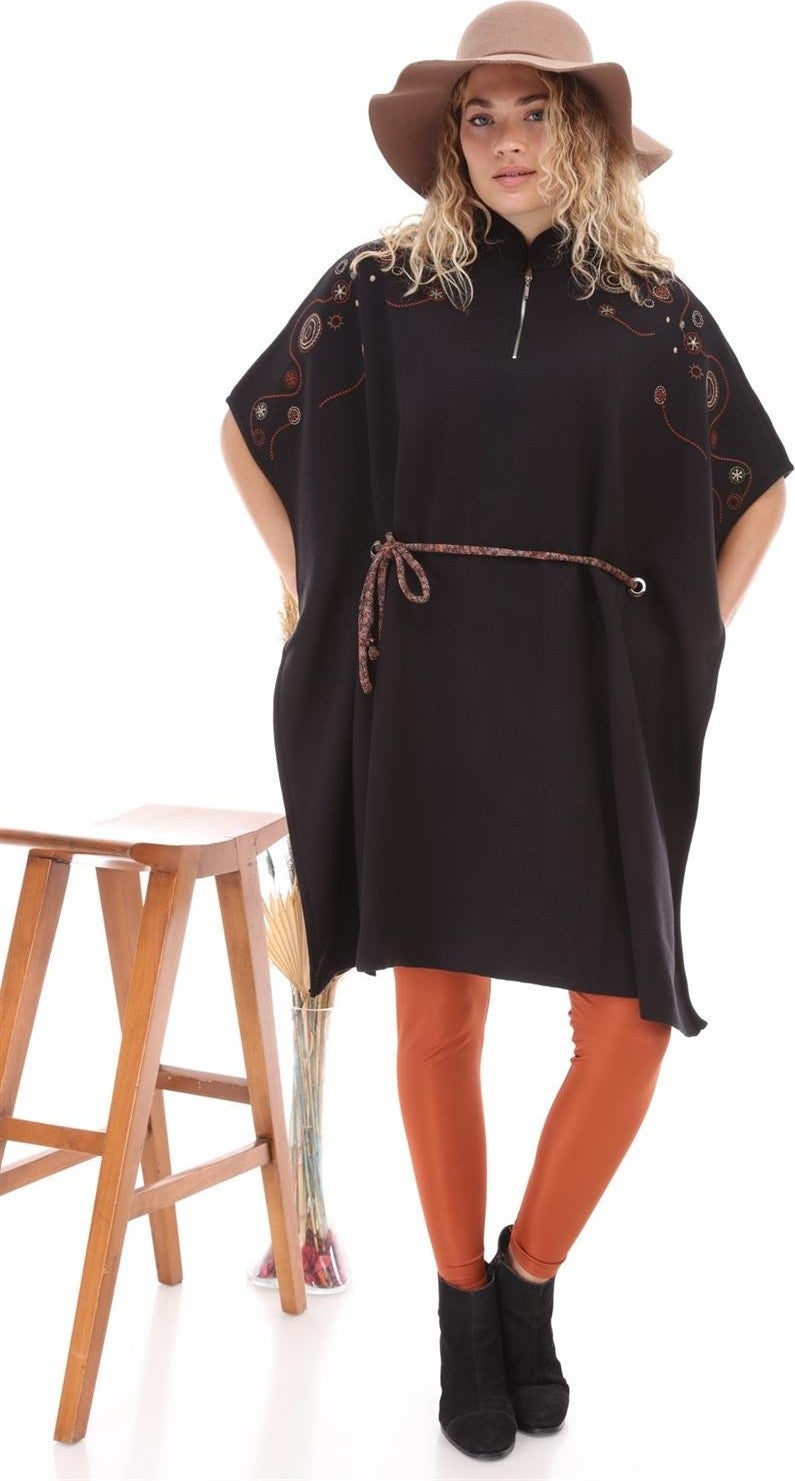 Women's Waist Belted Poncho Black