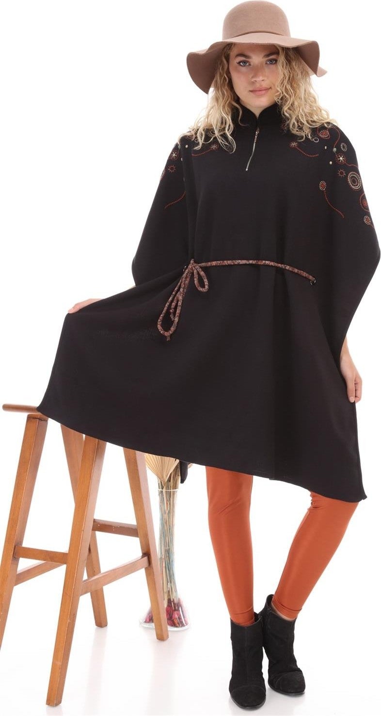 Women's Waist Belted Poncho Black