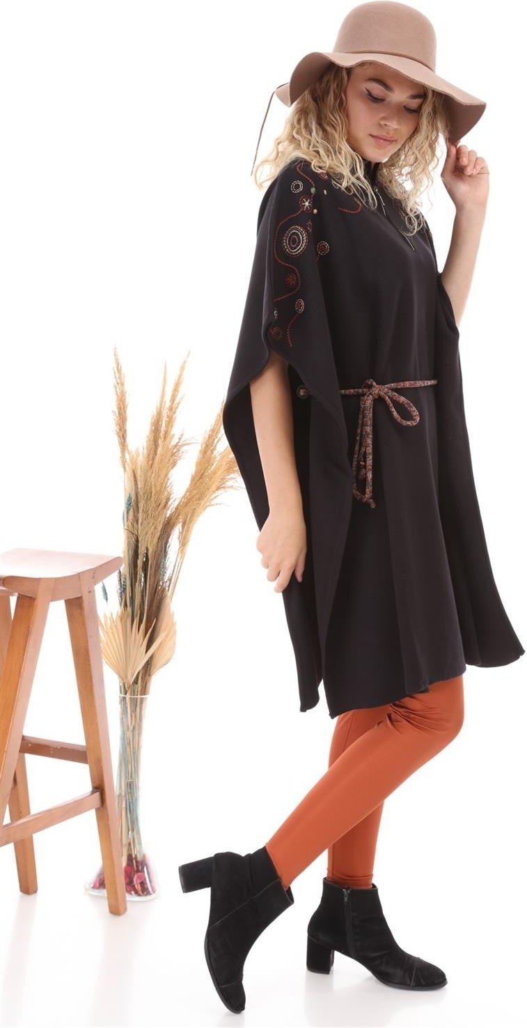 Women's Waist Belted Poncho Black