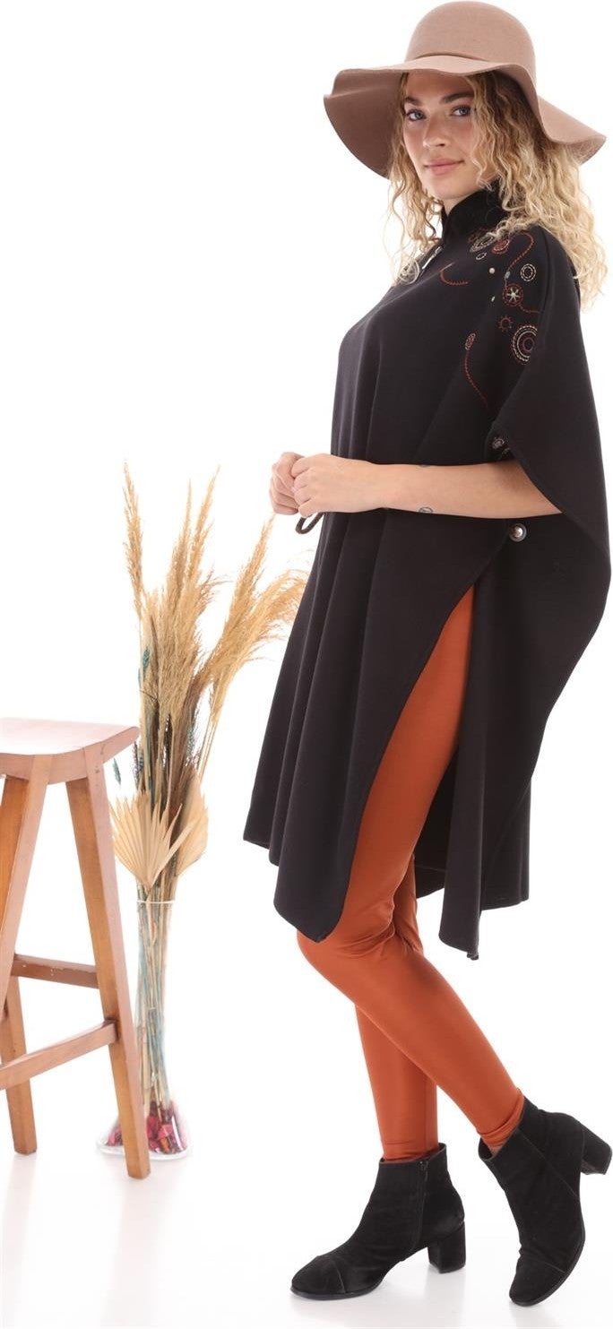 Women's Waist Belted Poncho Black