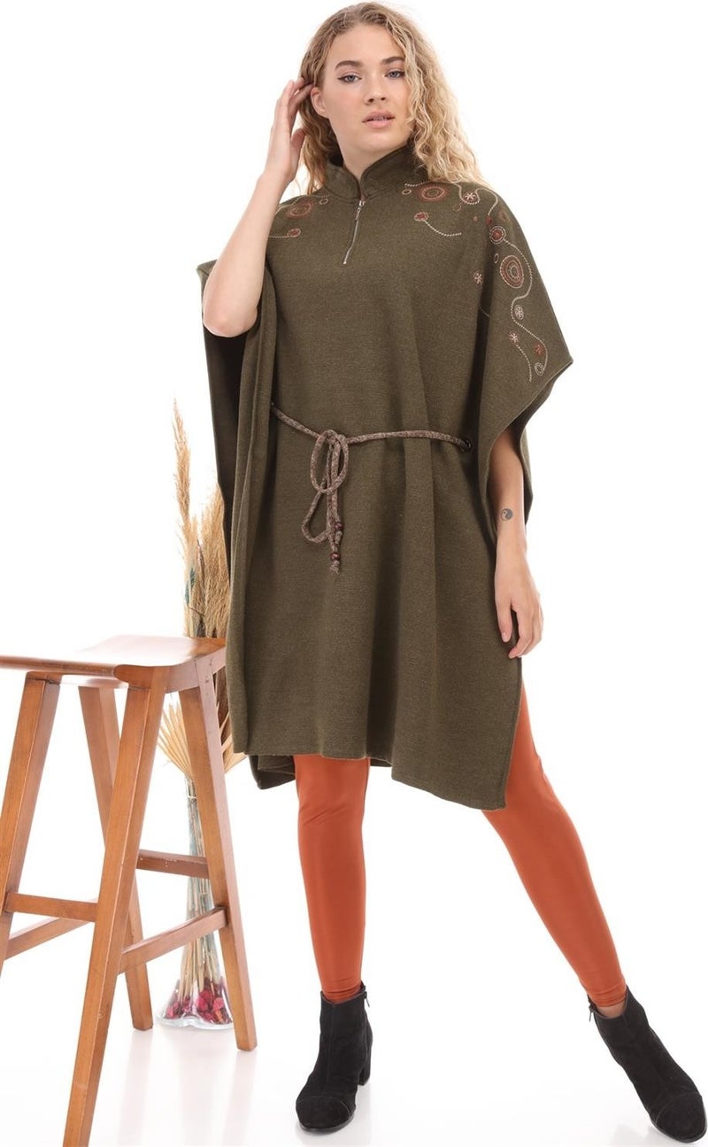 Women's Waist Belted Poncho Khaki