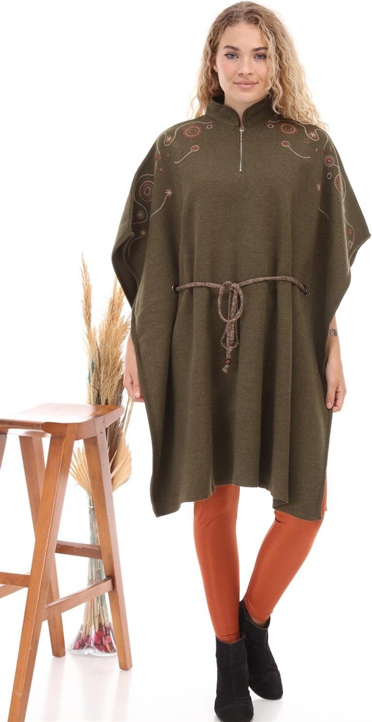 Women's Waist Belted Poncho Khaki