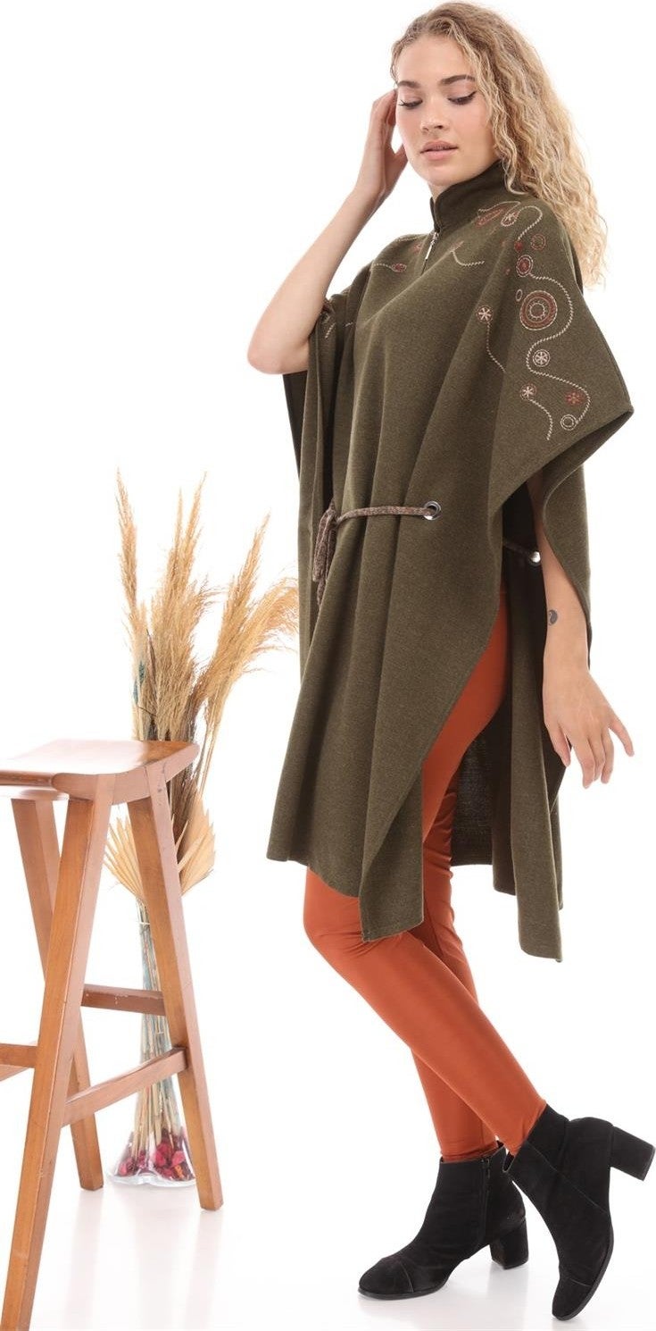 Women's Waist Belted Poncho Khaki