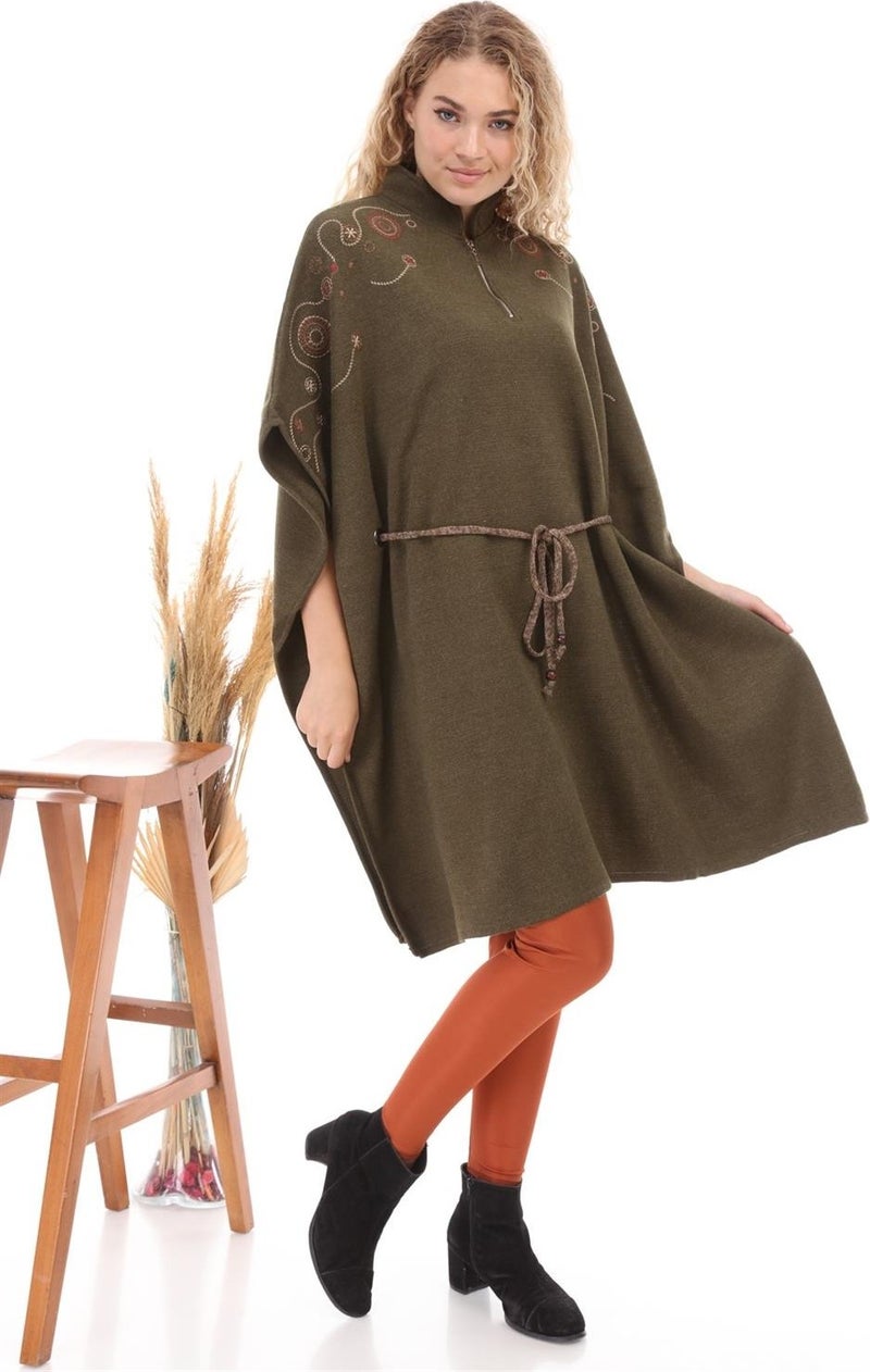 Women's Waist Belted Poncho Khaki