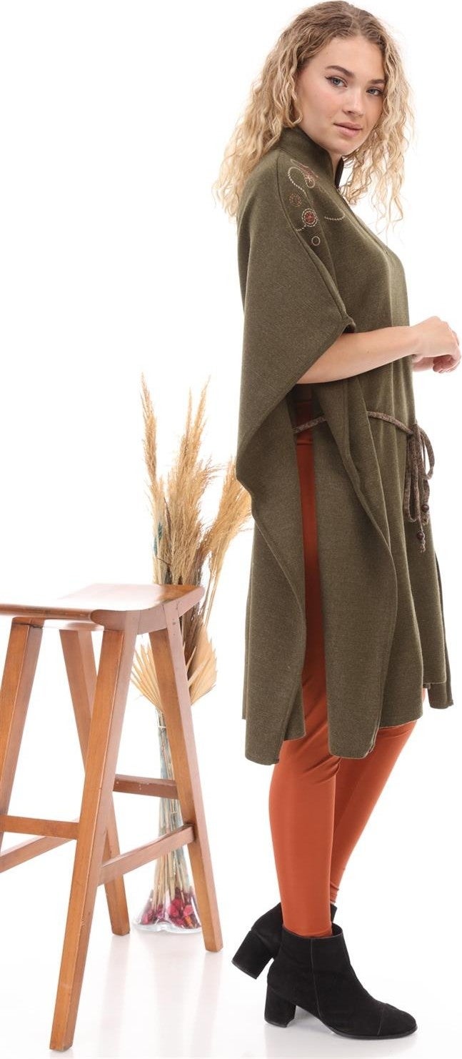 Women's Waist Belted Poncho Khaki