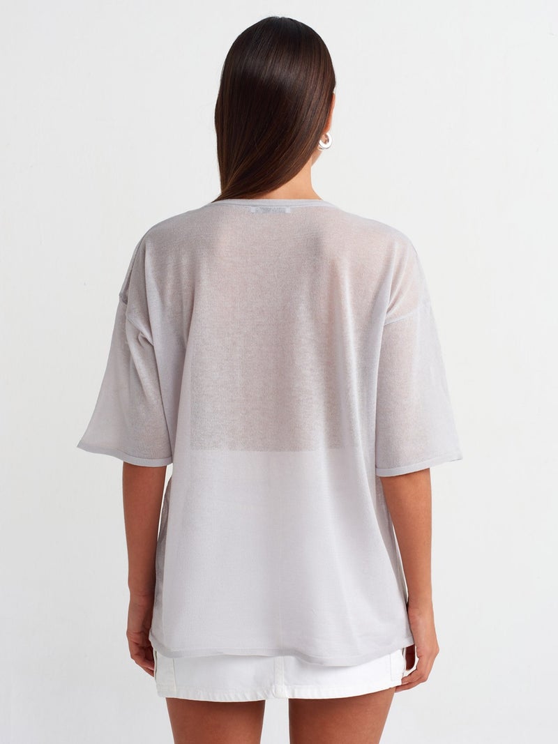 10550 Crew Neck Short Sleeve Transparent Knitwear Blouse-Grey