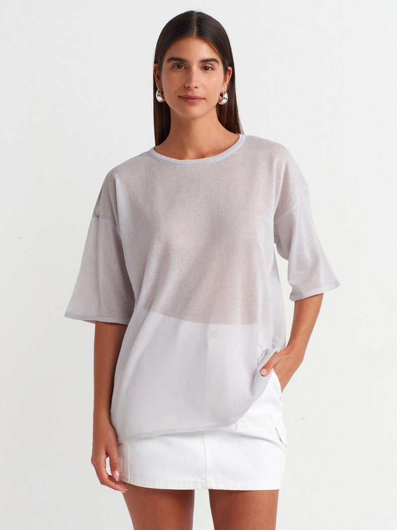 10550 Crew Neck Short Sleeve Transparent Knitwear Blouse-Grey