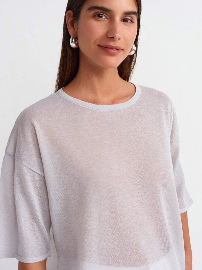 10550 Crew Neck Short Sleeve Transparent Knitwear Blouse-Grey