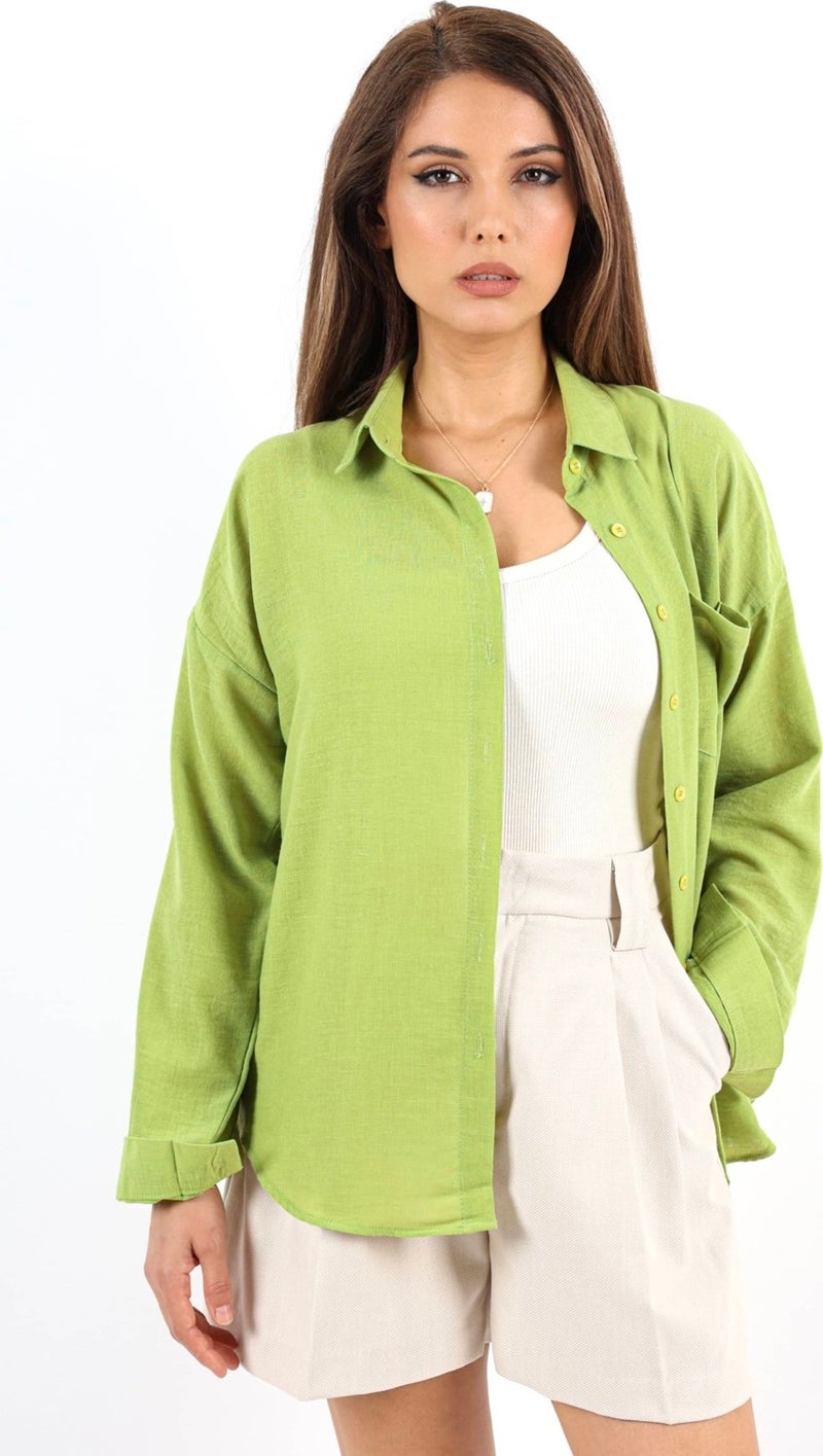 Women's Well Oil Green Linen Shirt