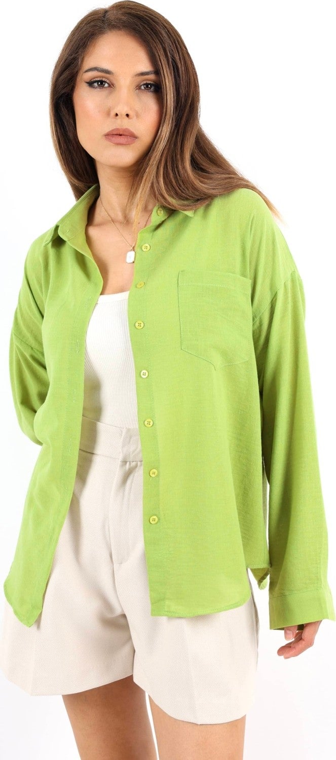 Women's Well Oil Green Linen Shirt
