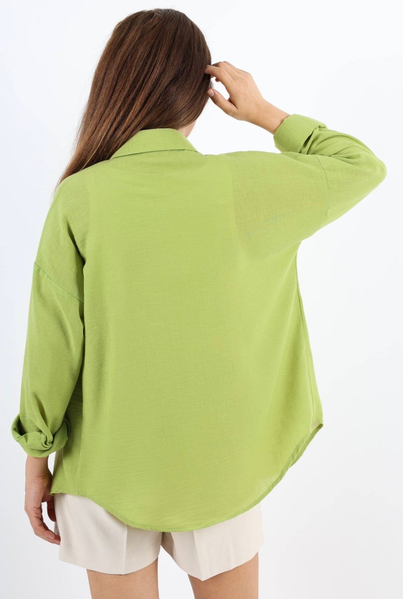 Women's Well Oil Green Linen Shirt