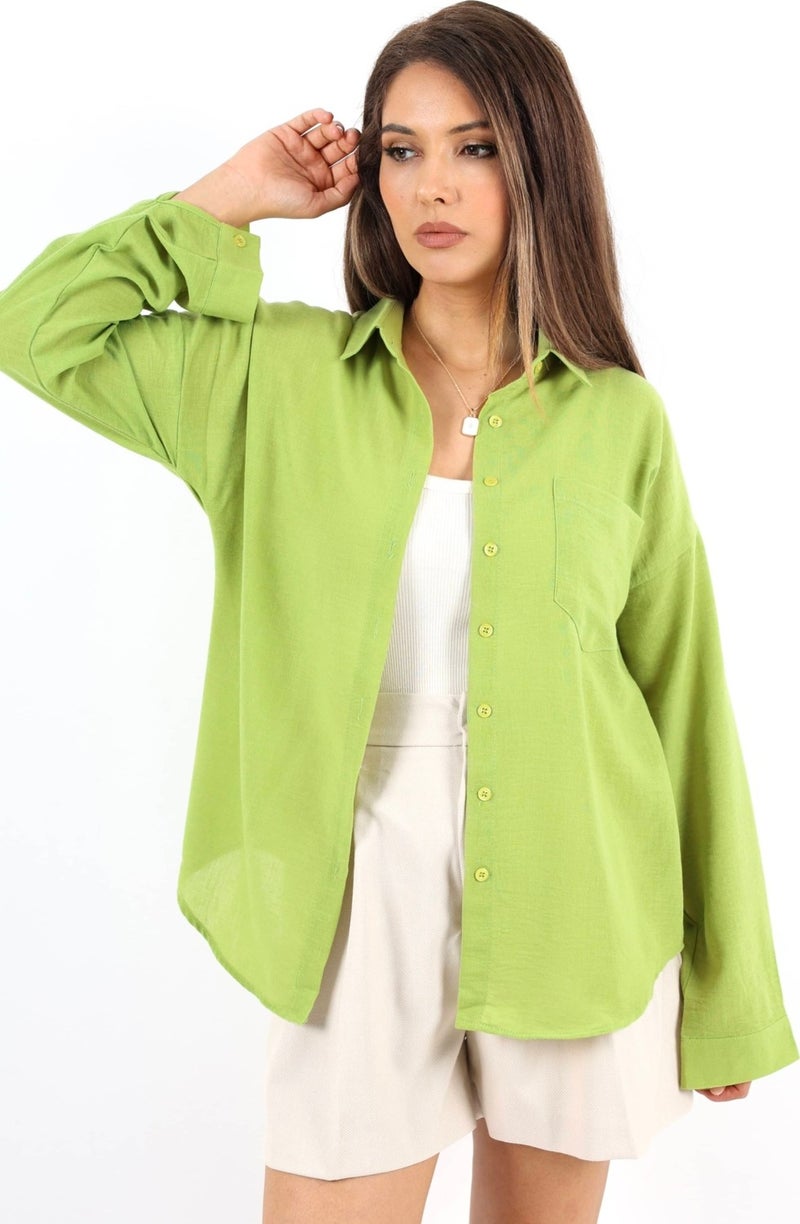 Women's Well Oil Green Linen Shirt