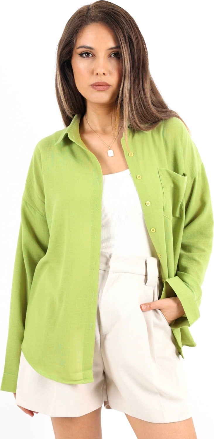 Women's Well Oil Green Linen Shirt
