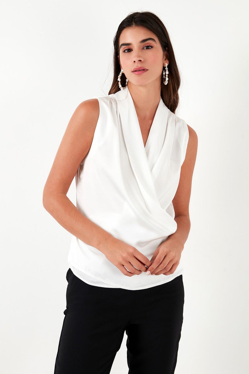 Double Breasted Collar Sleeveless Satin Blouse Women's Blouse 611BZ0341