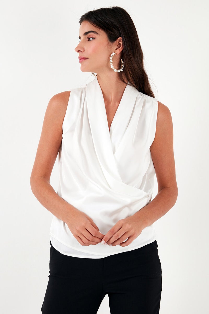 Double Breasted Collar Sleeveless Satin Blouse Women's Blouse 611BZ0341