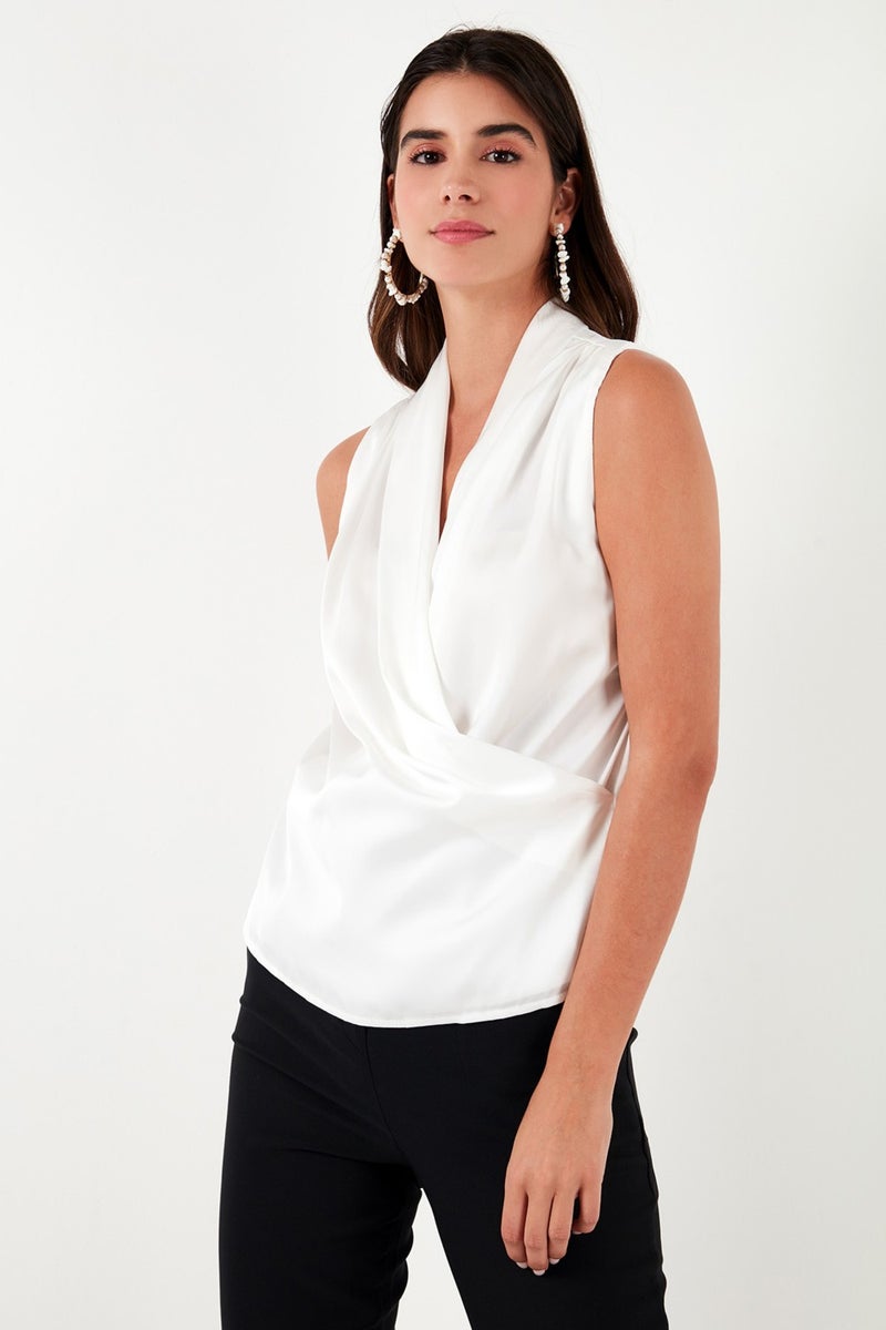 Double Breasted Collar Sleeveless Satin Blouse Women's Blouse 611BZ0341