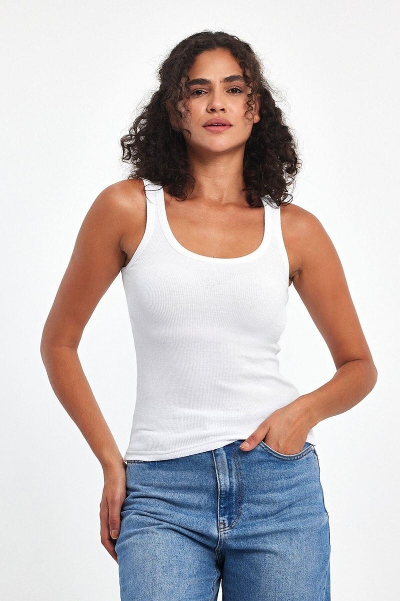 Women's Black-White Ribbed Look Strappy Thick 2-Piece Basic Athlete Blouse