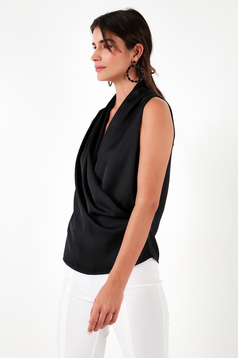 Double Breasted Collar Sleeveless Satin Blouse Women's Blouse 611BZ0341