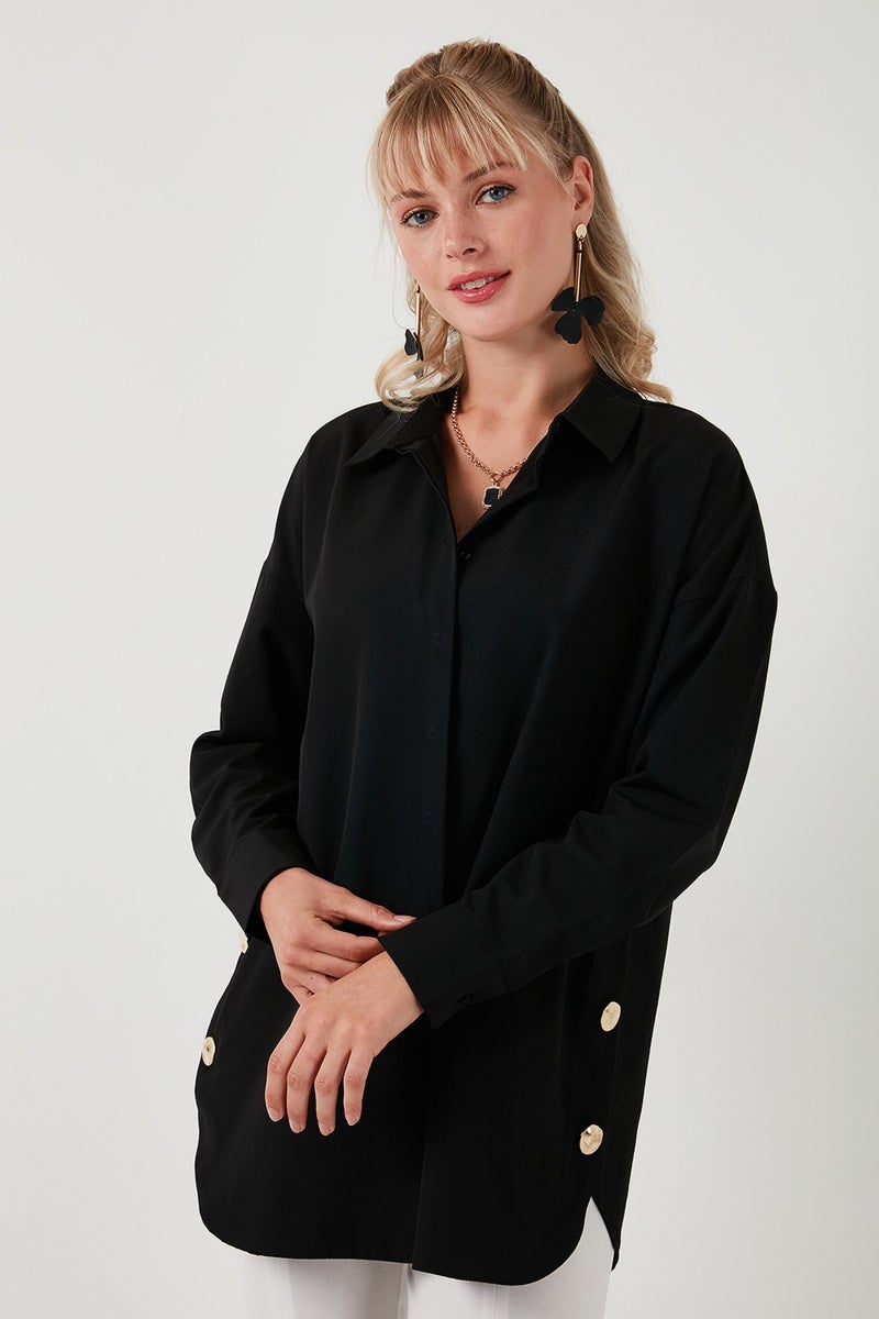 Buttoned Side Cotton Blend Oversize Shirt Women's Shirt 611GO00054