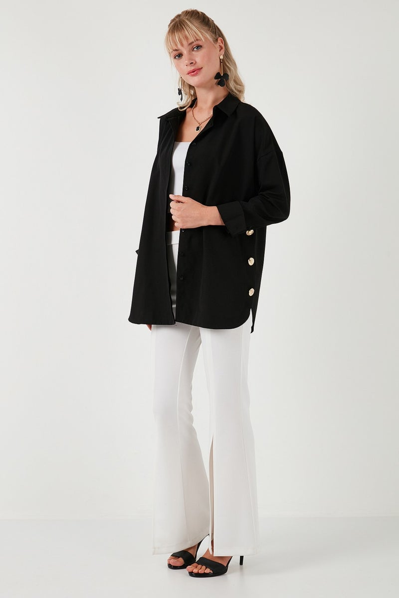 Buttoned Side Cotton Blend Oversize Shirt Women's Shirt 611GO00054