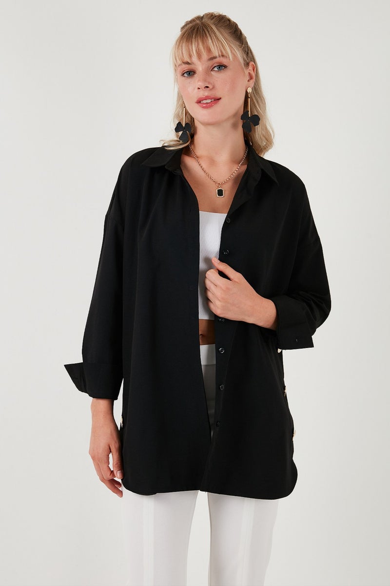 Buttoned Side Cotton Blend Oversize Shirt Women's Shirt 611GO00054