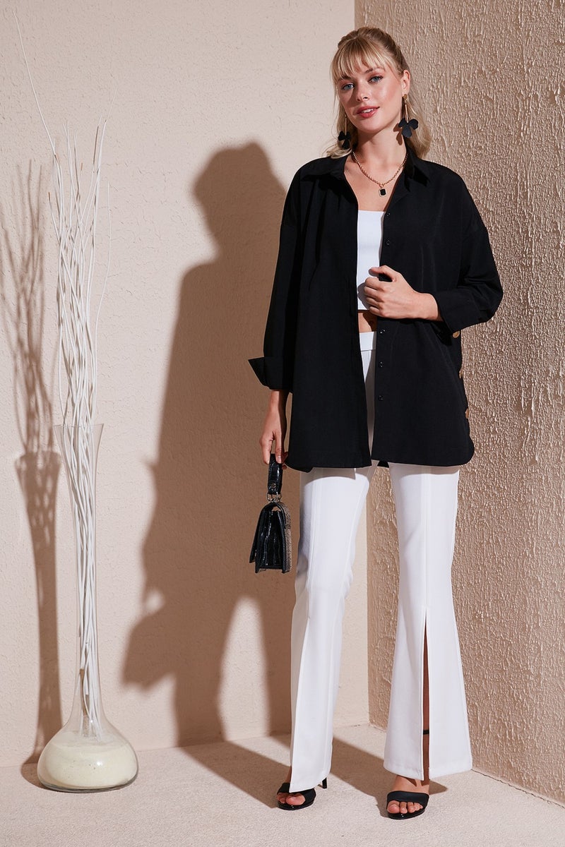 Buttoned Side Cotton Blend Oversize Shirt Women's Shirt 611GO00054