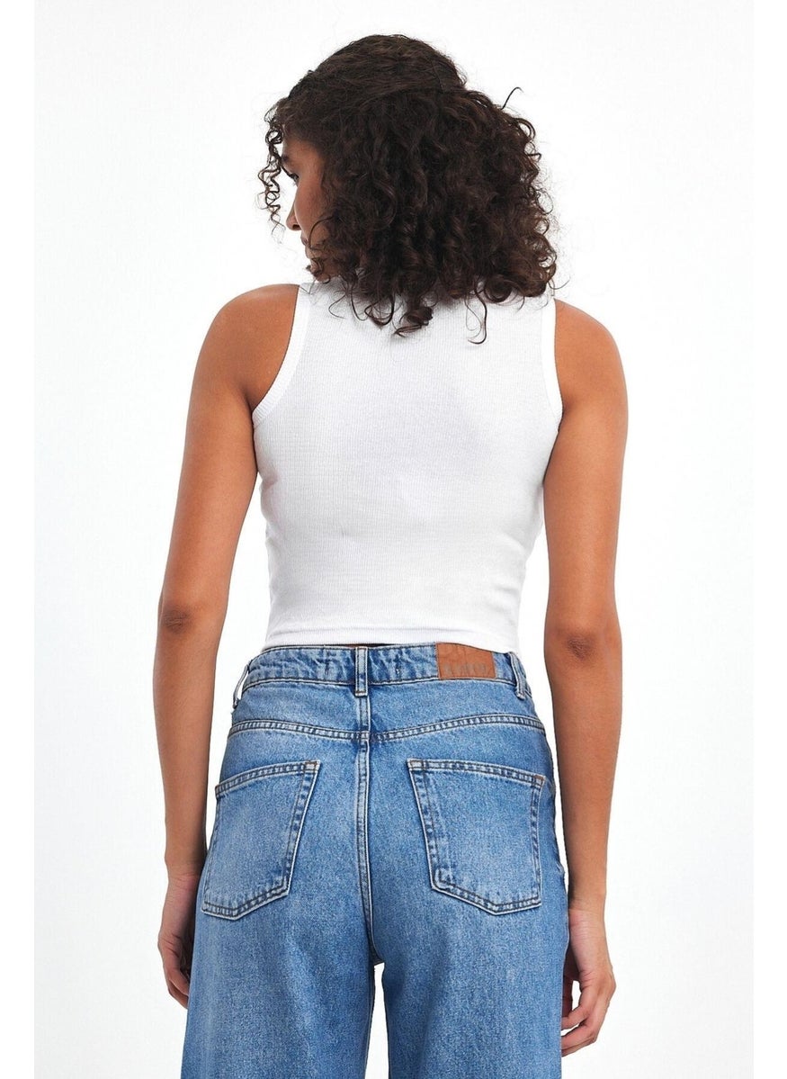 Women's Black-White Ribbed Look Strappy Thick Flexible Knitted 2-Piece Basic Crop Athlete Blouse