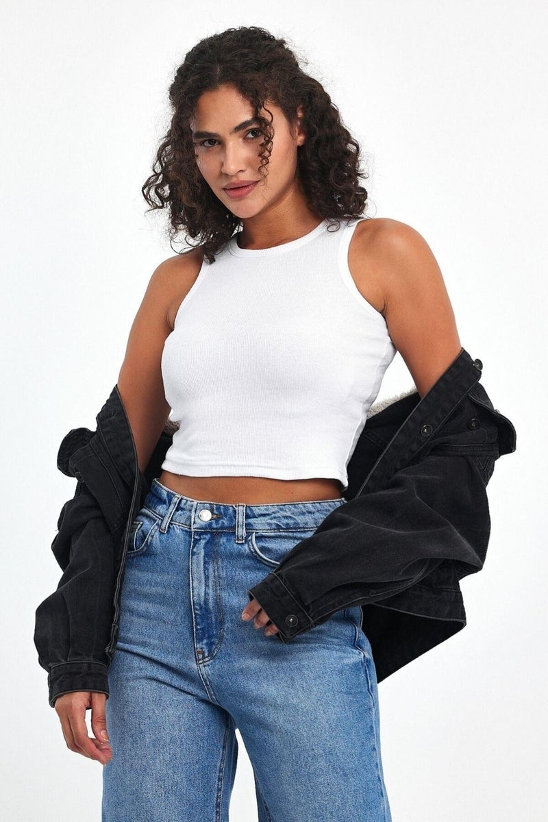 Women's Black-White Ribbed Look Strappy Thick Flexible Knitted 2-Piece Basic Crop Athlete Blouse