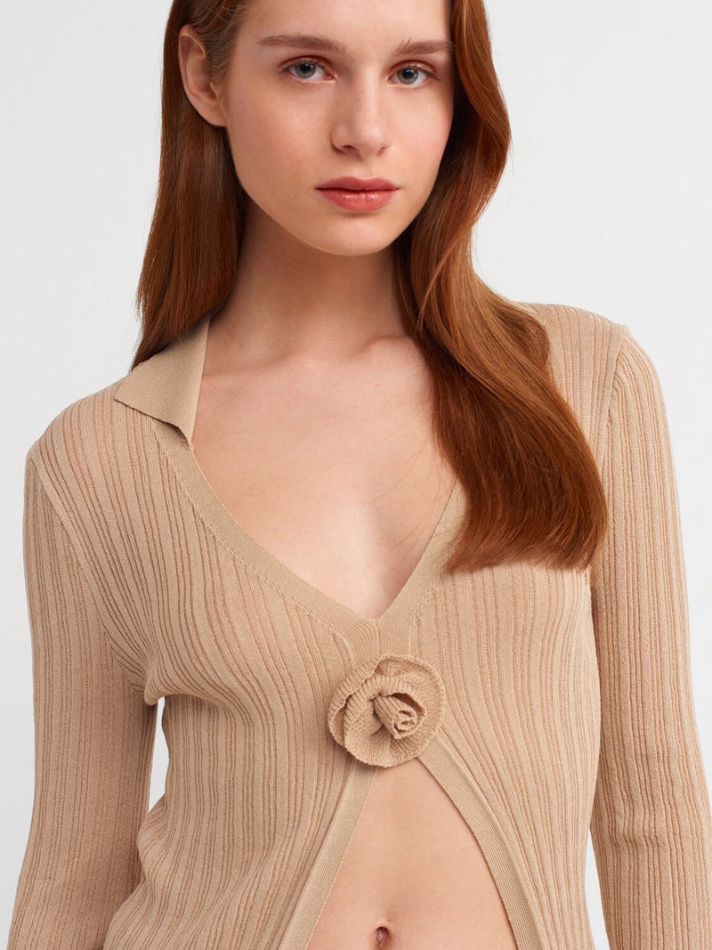 10526 Polo Neck Handmade Flower Detailed Transparent Knitwear Blouse-Beige