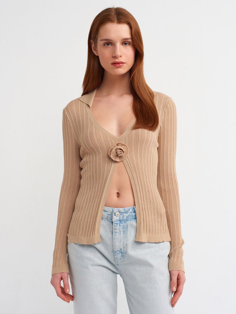 10526 Polo Neck Handmade Flower Detailed Transparent Knitwear Blouse-Beige