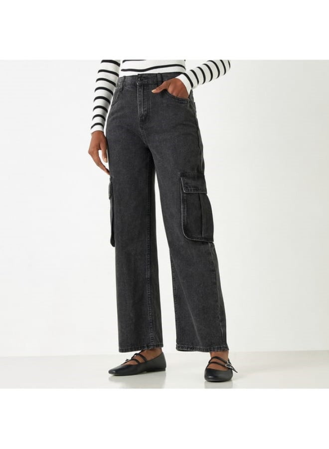 2Xtremz Solid Wide Leg Cargo Jeans with Pockets