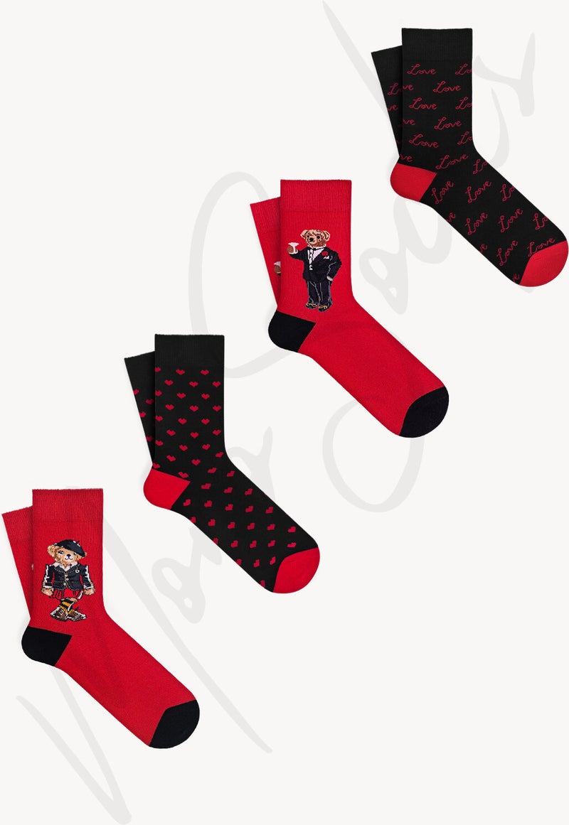 Gift Boxed 4-Piece Teddy Bear Valentine's Day Socks