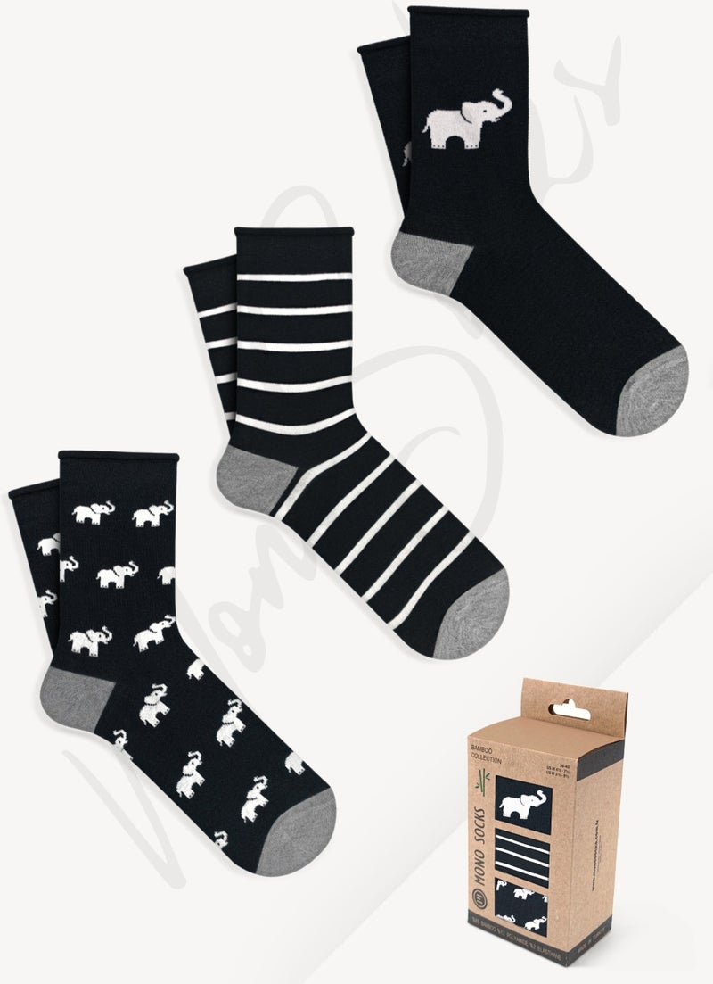 3 Pack Elephant Patterned Elasticless Bamboo Socks