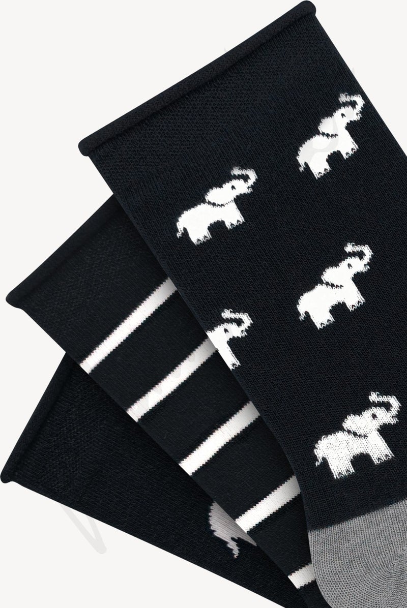 3 Pack Elephant Patterned Elasticless Bamboo Socks