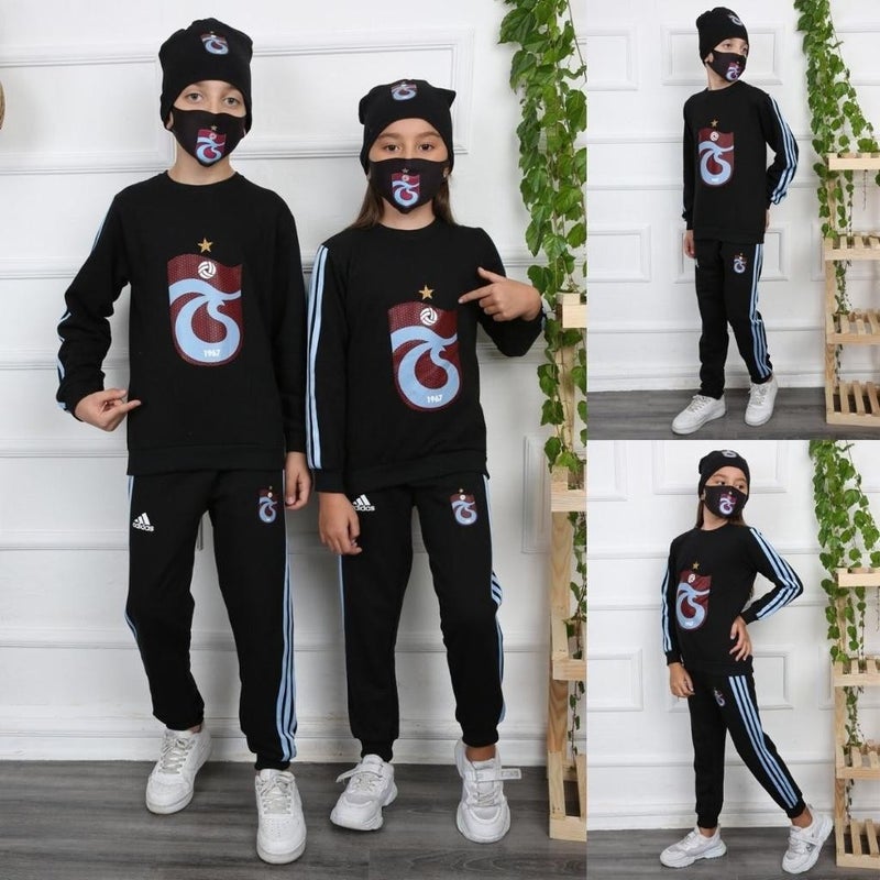 Blue Boncuk Kids Quadruple Trabzon Fans Tracksuits with Berets and Masks