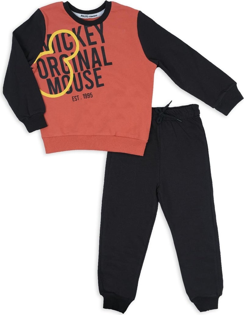 Mickey Mouse Text Printed Boy's Bottom Top 2 Piece Tracksuit Set