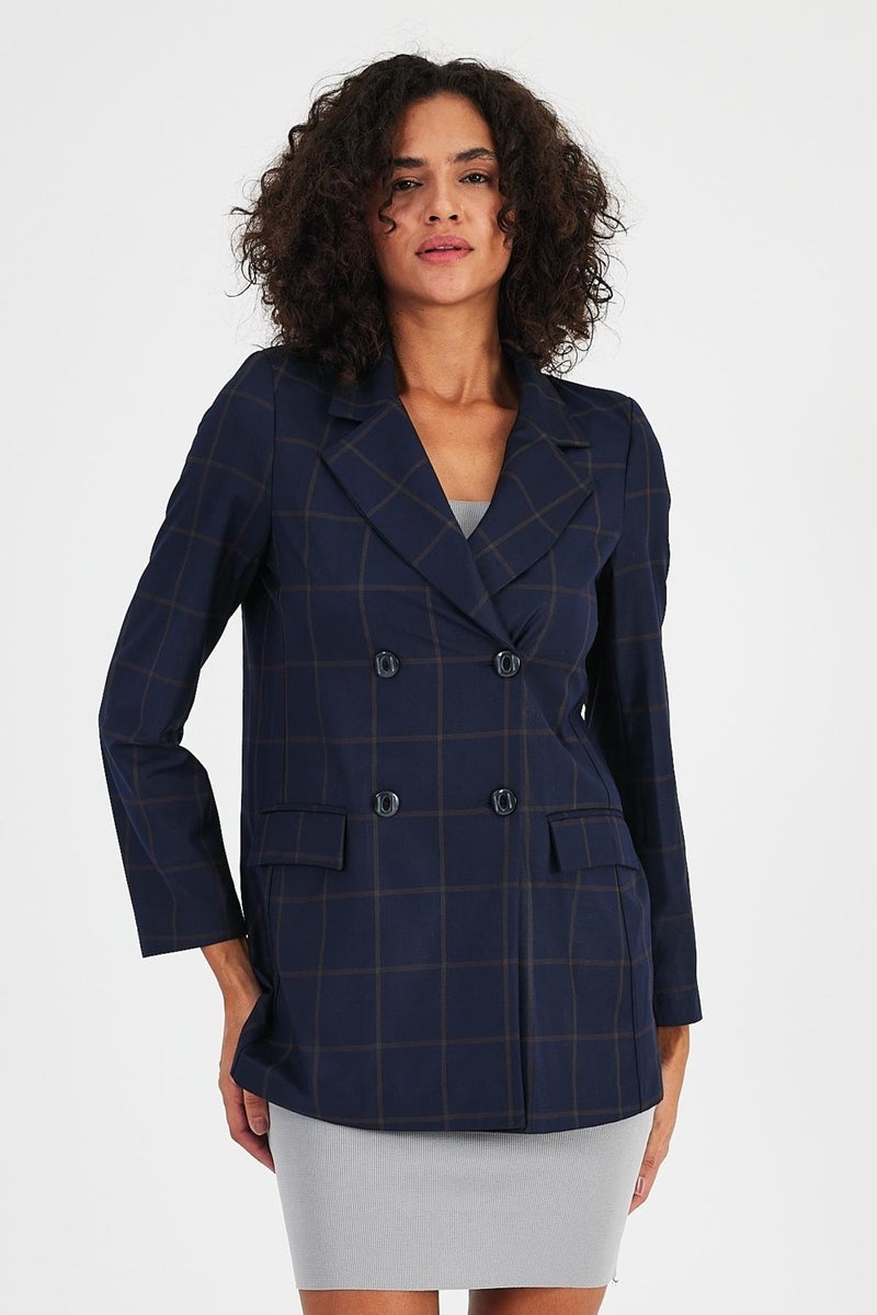 Plaid Unlined Double Breasted Blazer Jacket with Pockets (B24-00202)