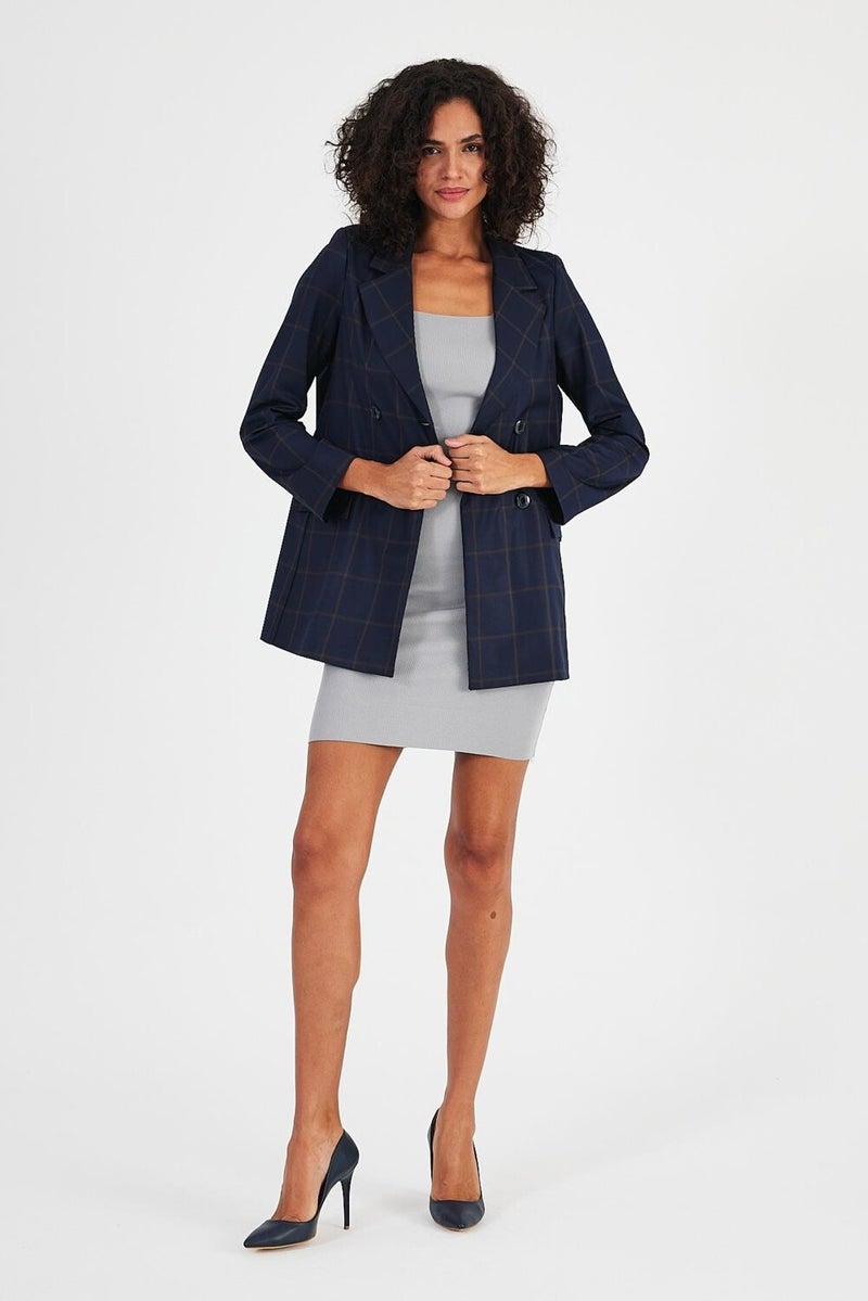 Plaid Unlined Double Breasted Blazer Jacket with Pockets (B24-00202)