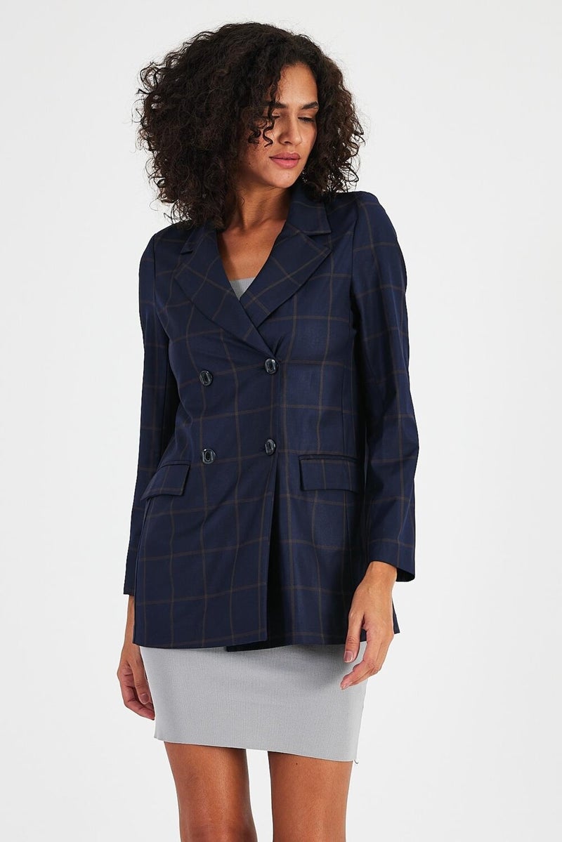 Plaid Unlined Double Breasted Blazer Jacket with Pockets (B24-00202)