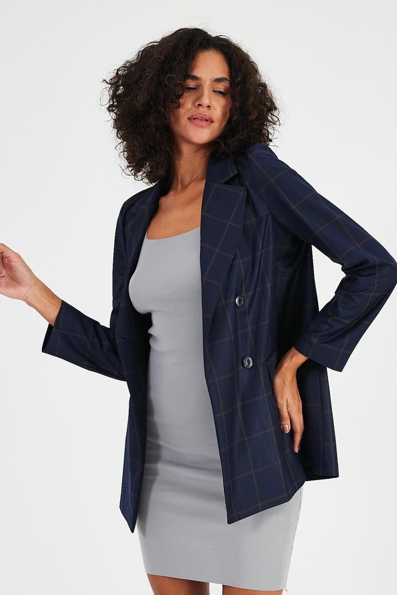 Plaid Unlined Double Breasted Blazer Jacket with Pockets (B24-00202)