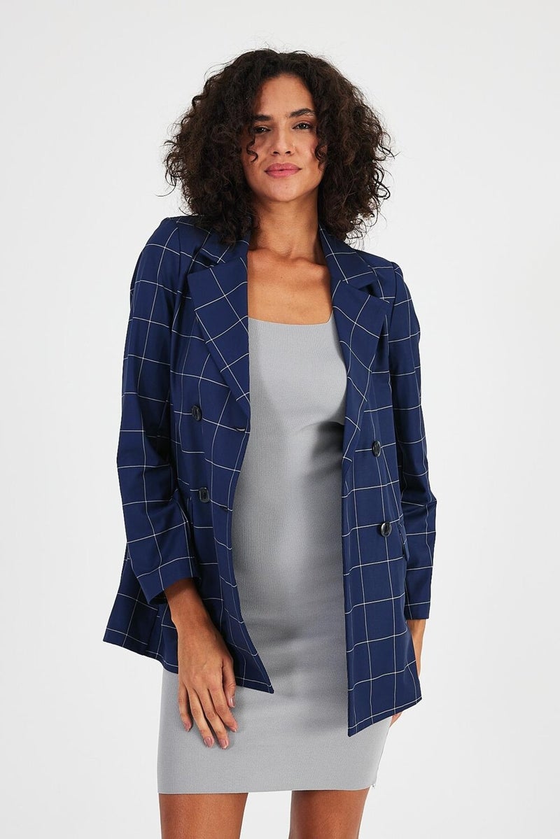 Plaid Unlined Double Breasted Blazer Jacket with Pockets (B24-00202)