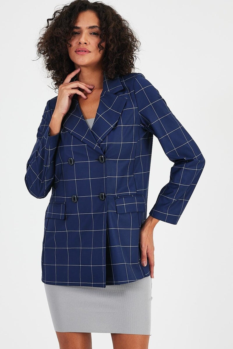 Plaid Unlined Double Breasted Blazer Jacket with Pockets (B24-00202)