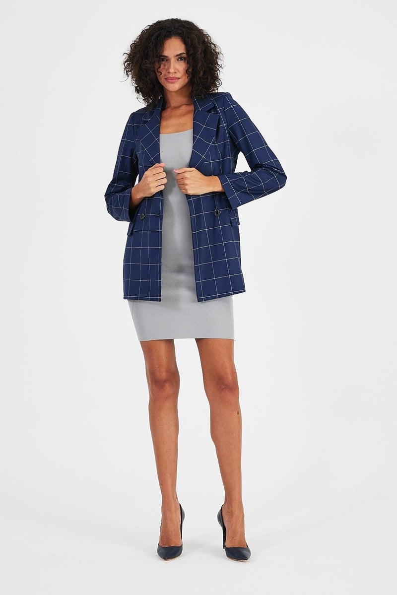 Plaid Unlined Double Breasted Blazer Jacket with Pockets (B24-00202)