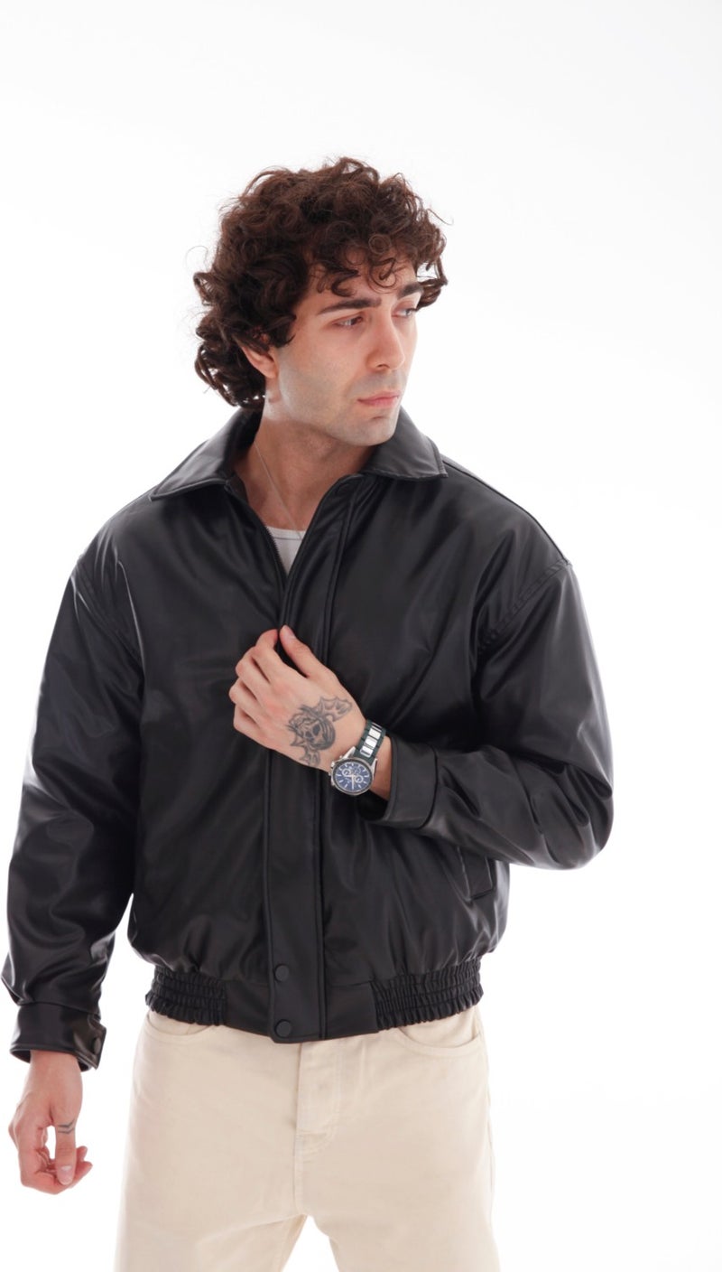 Vintage Oversize Men's Waist Elastic Quilted Black Leather Jacket