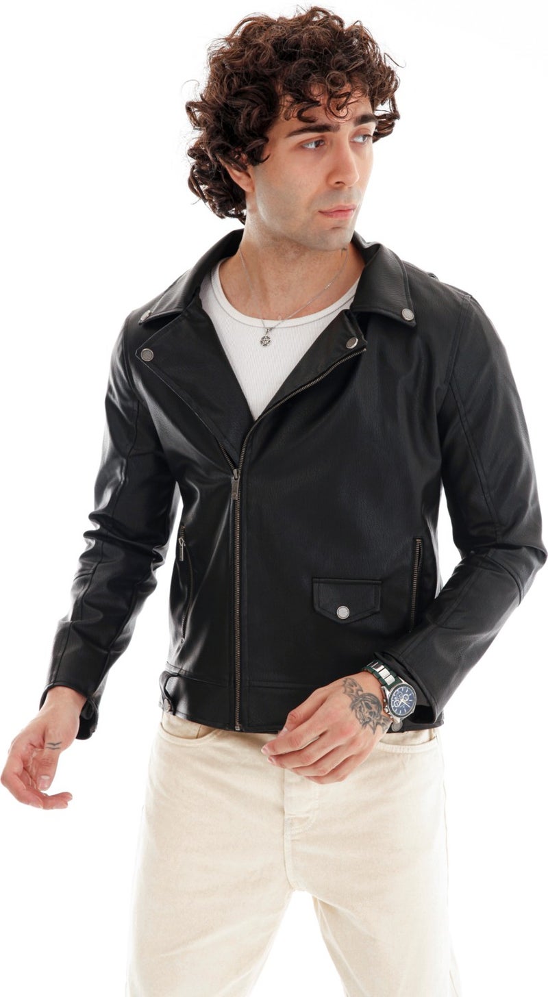 Men's Black Faux Leather Jacket with Fur Lined Mono Collar and Pocket Detail