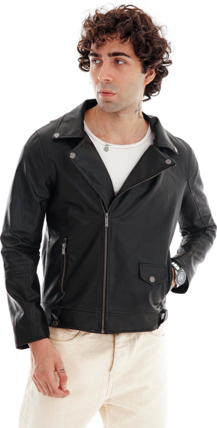 Men's Black Faux Leather Jacket with Fur Lined Mono Collar and Pocket Detail